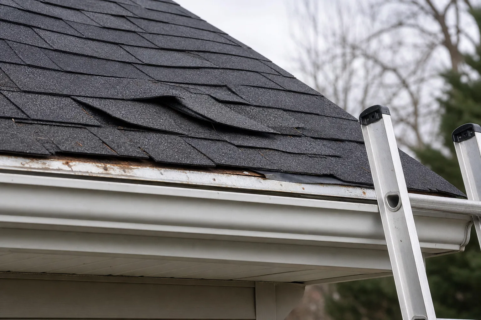 Close-up of a storm-damaged asphalt shingle roof edge with lifted shingles and exposed drip edge metal at the eave, with a ladder leaning against the gutter