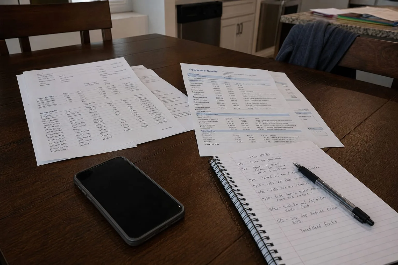A kitchen table with a multi-page itemized hospital statement spread out beside an insurance explanation of benefits, a spiral notebook with handwritten call...