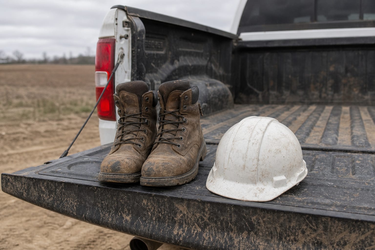 A pair of worn steel toed work boots and a hard hat on the open tailgate of a pickup truck