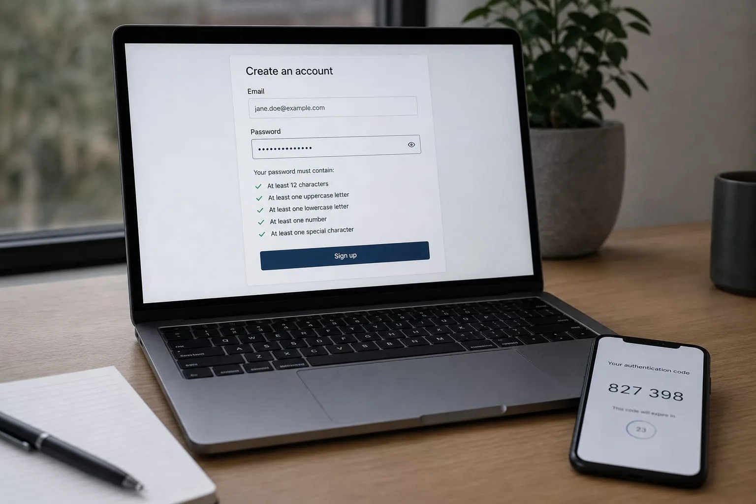 A laptop screen showing an account signup form with a password field and a list of complexity requirements, with a small notebook and a phone displaying an a...